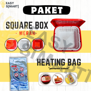 PAKET Kotak Makan Traveling/Kotak Makan Pemanas instan/Lunch Box + Self Heating Bag - Square Merah
