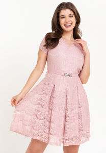 Krizia V-Neck Lace Dress with Crystal Belt