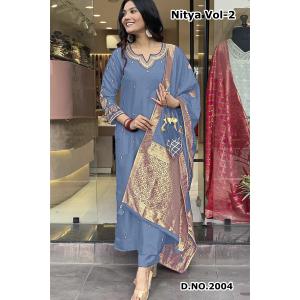 Straight Kurti Heavy Embroidered Kurti Pant Set with Jacquard Dupatta