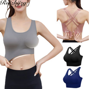 Ruizhijzg Ready stock Womens Removable Pads Yoga Top Cross Strappy Back Sports Bra with Removable Cups Full Coverage Gym Fitness Summer Running Cycling Underwear Ladies Tank Tops