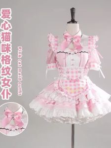 Japanese Style Anime Sweet Girls Cute Cosplay Plaid Blue Maid Outfits Womens Short Sleeve Lolita Top and Skirt Apron Costumes h2609