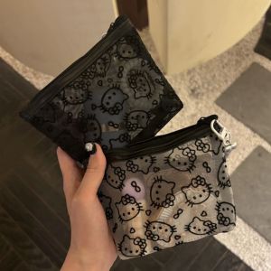 GOUPO ซิป ถุงเก็บของแบบตาข่าย สวัสดีคิตตี้ ขนาดเล็ก กระเป๋าเครื่องสำอาง น่ารัก แบบพกพา กระเป๋าหูฟัง เหรียญ