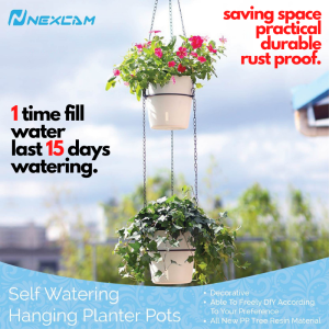Nexcam Self Watering Outdoor Double Tier Ceiling Hanging PP 5.3" Planter Pot with Ceiling mount Metal chains & holder ring