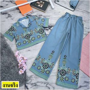 CC 15043 ชุดเซท ชุด ไปทะเล ชุดเที่ยวทะเล เสื้อเชิ้ตครอปลายดอกไม้ + กางเกงขายาว (ฟรีไซส์ M อก 36-38 เอว25-30 สพ36-38)