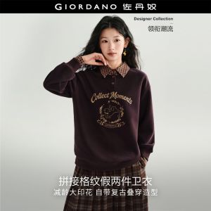 Giordano Women Fake two-piece plaid trim print sweatshirt Free Shipping 18326532