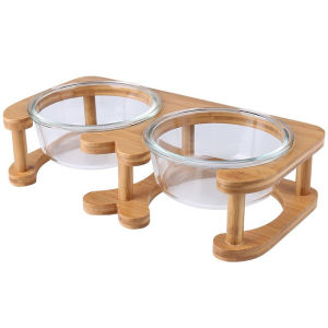 Cat Glass Bowls Pet Elevated Raised Water and Food Bowl with Wood Stand Neck Care Design For Kitten Puppy Confort Healthy Drinking Feeding Bowls