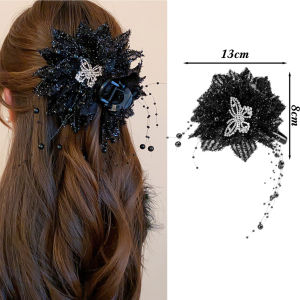 Vui vẻ đỏ hoa lớn cá mập Grip ngọt ngào Rhinestone bướm rìa kẹp tóc đa năng cổ điển Phụ kiện tóc cho phụ nữ