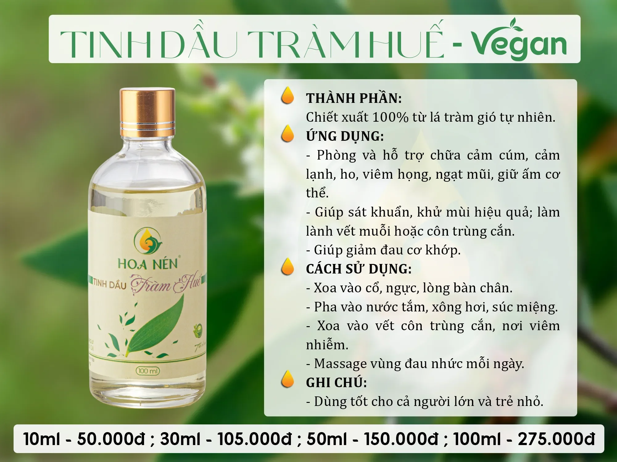 Tinh dầu Tràm Huế nguyên chất 50ml -10ml - Hoa Nén - Chuẩn VietGAP - Chăm sóc sức khỏe mẹ và bé:5857