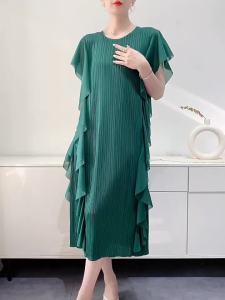 L-853# One Size (45-75kg) Summer Pleated Lace Midi Dress Elegant Comfort And Casual WomenS Clothing