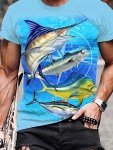Fishing Pattern Mens Short Sleeve T-Shirt with 3D Digital Print Fashion Sporty Style Summer Streetwear Casual Clothes for Man