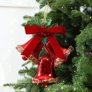 PYA94 Triple-Bell Christmas Bell Hanging Ornament DIY Plastic Christmas Bell Pendant Creative Red Berry Xmas Bow Bell Hanging Decor Christmas Decoration