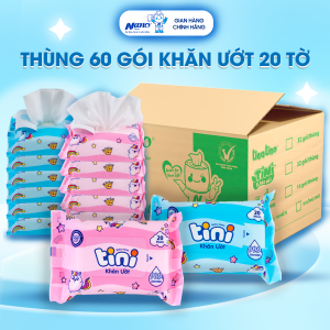 Thùng 60 Gói Khăn Ướt Mini Tini Baby Wipes 20 Tờ / Gói Khăn Ướt Cho Bé Không Cồn Không Paraben | Nano Tissue Official
