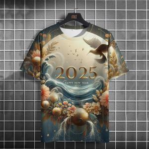 Happy new year T-shirt flower mens T-shirt casual new tops fashion r 2025tees plus size mens 6XL