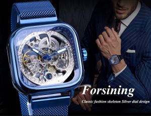 New Forsining luxury automatic mechanical fashion dress design blue square hollow watch ultra-thin mesh steel belt analog clock. Mens gift