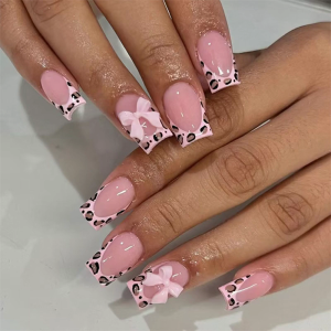 48Pieces Glossy Pink Square Shape Press On Nail with 3D Bows Leopard Pattern Short Length Faux Nail for Fashion Lover