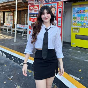 🌈SpinnyHouse🌈ครอปเชิ้ต เบสิคสไตล์สุด ผ้าคอนตอน 💖 ทรงคอปกโปโล แขนยาว กระดุมใช้งานได้จริง นางแบบใส่งานจริง รุ่น ครอปเชิ้ต