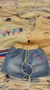EST20A42 KIDS OOTD 3in1 SWEET YELLOW MANGO SUMMER EMBROIDERY DESIGN w/ DENIM SHORTS FOR KIDS 1-7YO