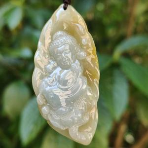 Very Rare Light Lavender and Lemon Yellow with Brown Natural Type A Jadeite pendant carved with baby buddha certificate included weighs 20.13 grams 57.90 * 26.80 * 11.20 mm suitable for daily wear (pendant86)