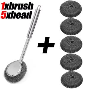Stainless Steel Wire Brush with Long Handles Kitchen Replacement Steel Wool Wire Ball Dish Washing Brush Sink Counter Top Cleaning