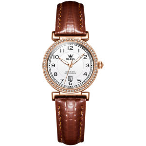 OLEVS 5590 Fashion Quartz Women Watch Gift Round-dial Genuine Leather Watchband Wristwatch Calendar