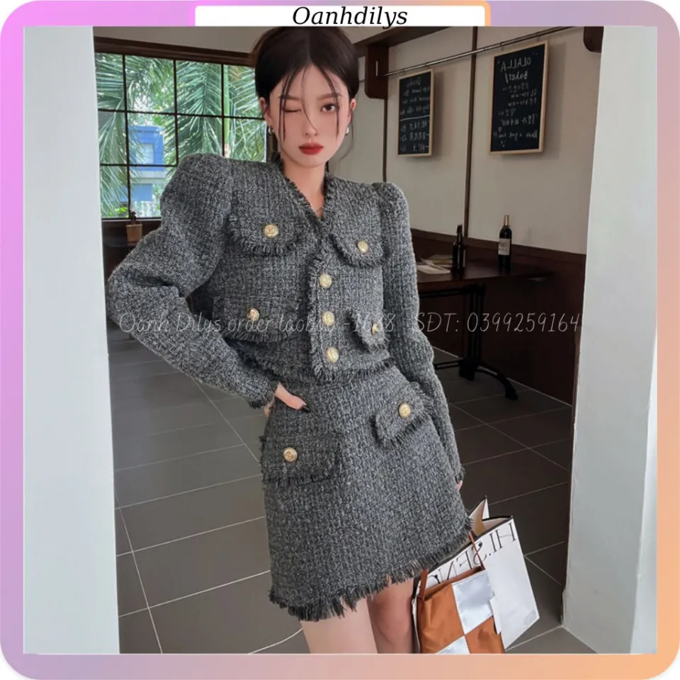 Set áo khoác dạ lông dáng ngắn, cổ tròn 2 túi nắp giả, kèm chân váy chữ A  (có ảnh thật) ✔️Size: M/L -Á... | Instagram