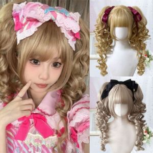 TANFU Ombre Princess Cut Double Ponytail Synthetic Cosplay Halloween Harajuku Wig Fasion Blonde Brown Lolita Wig with Bangs Girl