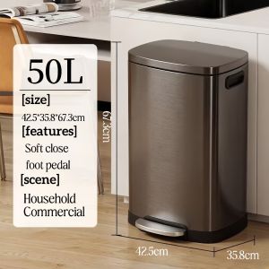 50L Tong sampah besar Big dustbin kitchen Pedal rubbish low closing Stainless steel big bin 垃圾桶