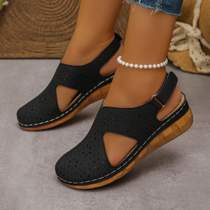 Free Shipping WomenS Sandals New Style Casual Hollow Breathable With Velcro Straps Wedge Heel Open-Toe Design And Stitched Detailing