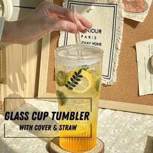 LOCAUPIN Glass Travel Mug Cup Coffee Tumbler for Hot Cold Beverage Textured Drinking Glass with Straw Cover Coffee Mug