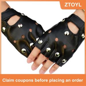 【ZTOYL】 Găng tay da ngắn hở ngón Găng Tay Nửa Ngón đinh tán màu đen thời trang