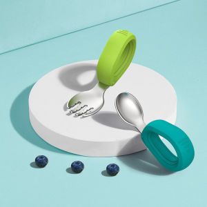 ช้อนฝึกจับเด็ก ช้อนเด็ก เครื่องใช้บนโต๊ะอาหารสแตนเลส ชุดสูทช้อนช้อนสั้นซิลิโคน 304 Bab /Home_Master