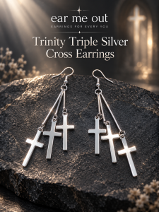 [SG] Trinity Triple Silver Cross Earrings | 3 Layered Cross Dangle Earrings | Long Silver-Tone Drop Earrings | Glam Fashion Jewellery | Elegant Evening Party Wear | ear me out (EMO-384)