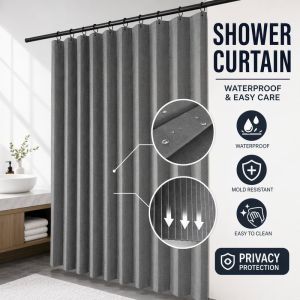 Shower Curtain Pleated Fabric Waterproof Mildew Resistant Opaque Privacy Screen Easy Clean Hooks