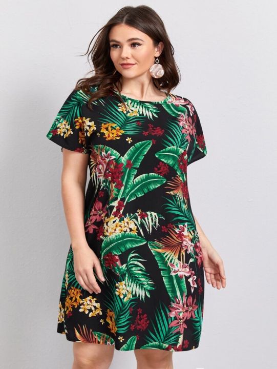 A2748 Miss M Tropical Plant Plus Size Dress Lazada PH