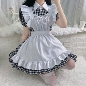Japanese Anime Lolita Maid Outfit Restaurant Cafe Plaid Dress Cosplay Costume Set