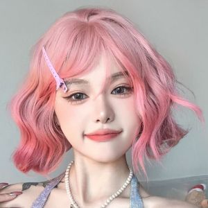 ERYRG Curly Short Brown Wavy Wig Lolita Pink Bob Hair Wig Hair Extension Medium Length Synthetic Wig with Bangs Girls