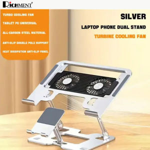 RICHMENT Adjustable Laptop & Mobile Phone 2-in-1 Stand with Dual Cooling Fans Foldable Aluminum Alloy Notebook Holder Ergonomic Height Adjustable Desktop Riser Stable Anti-Slip Design for MacBook iPad Tablet and Smartphone