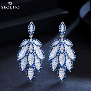SEQUITO Famous Brand Wedding Jewelry Cluster Leaves Dangle Micro Pave Blue White AAA Cubic Zirconia Women Bridal Long Drop Earrings SE507