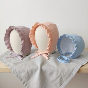 NOBLELUX Ruffle Muslin Baby Bonnet Chin Strap 100% Cotton Infant Beanie Cap Vintage Breathable Gauze Newborn Hat Girls Boys Summer Autumn