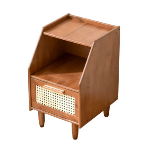 Natural Teak Rattan Nightstand Easy Clean Surface Large Capacity Storage Bedside Table with 1 Drawer