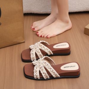 [Free Shipping] Beaded Gentle Slip-On Sandals For Women Summer Outdoor Wear 2026 New Model Pearl Paired With Skirt Holiday Wedge Sandals