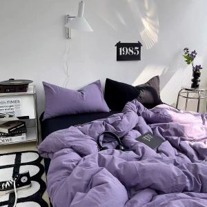 ins Japanese Style Solid Color Washed Cotton Four-Piece Set Student Dormitory Single Three-Piece Set Bed Sheet Duvet Cover Bedding LZD