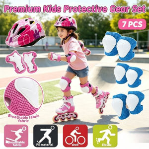 7PCS Kids Knee Pads Set Outdoor Sports Protective Gear Adjustable Safety Helmet Bike Wrist Guard