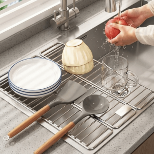 PYA94 Adjustable Folding Dish Drying Rack Stainless Steel Rust‑Resistant Sink Dish Drying Rack Multipurpose Heavy Duty Over Sink Drain Mat for Kitchen
