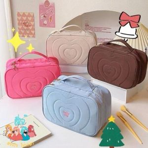 LUMIQLO Multiple Compartments Makeup Bag Portable Handle Heart Quilted Travel Cosmetic Case Gifts Double Zipper Toiletry Bag Travel Toiletry Storage