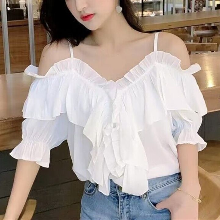 2023 Summer Women Off Shoulder Blouse Short Sleeve Shirt Ladies