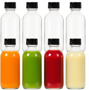 2 oz (60ml) 15 Pack Leak-Proof Clear Glass Boston Round Bottles with lids -Travel Containers for Ginger Shots Juice Whiskey Samples    W/Labels Funnels & Brushes