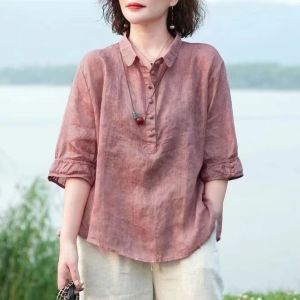 Womens Thin Small Shirt Cotton Linen  Shirt Medium Sleeve Thin Blouse