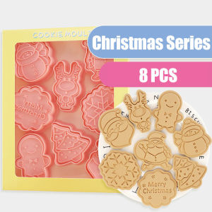 8pcs/set Christmas Cookie Cutters 3D Plastic Biscuit Mold Cookie Stamp DIY  Xmas Dinosaur Cookie Cutter Mold