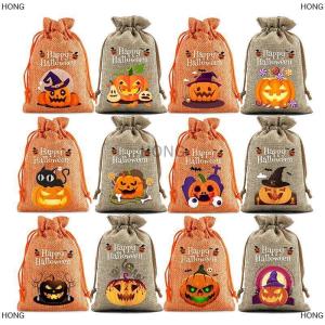 💞【Special price】💖HONG ถุงกระสอบสำหรับวันฮาโลวีนพร้อมเชือกผูกปากถุงใส่ลูกอมของขวัญถุงเก็บของ12ชิ้น